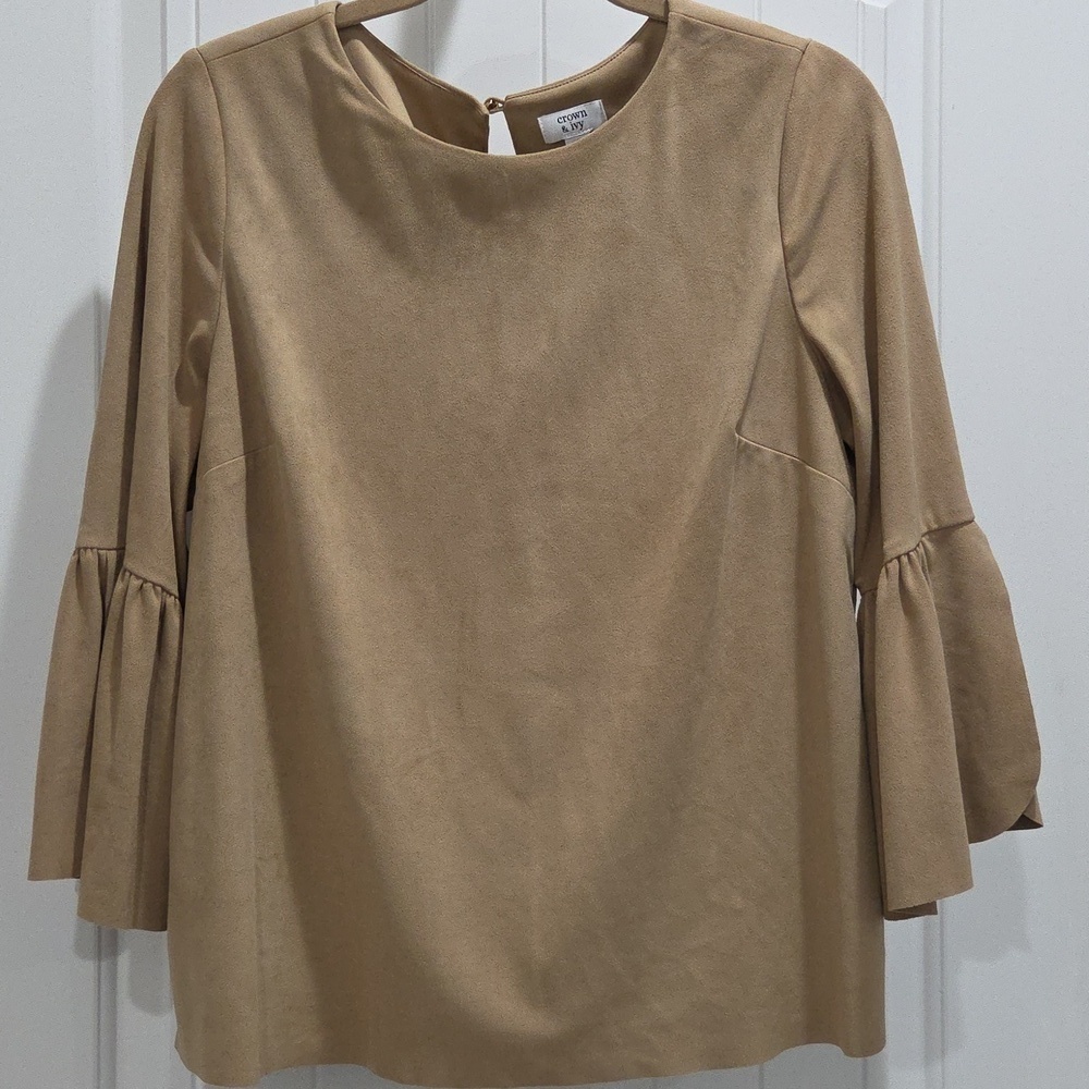 Crown & Ivy Size L Tan Faux Suede with Bell Long Sleeves Blouse
